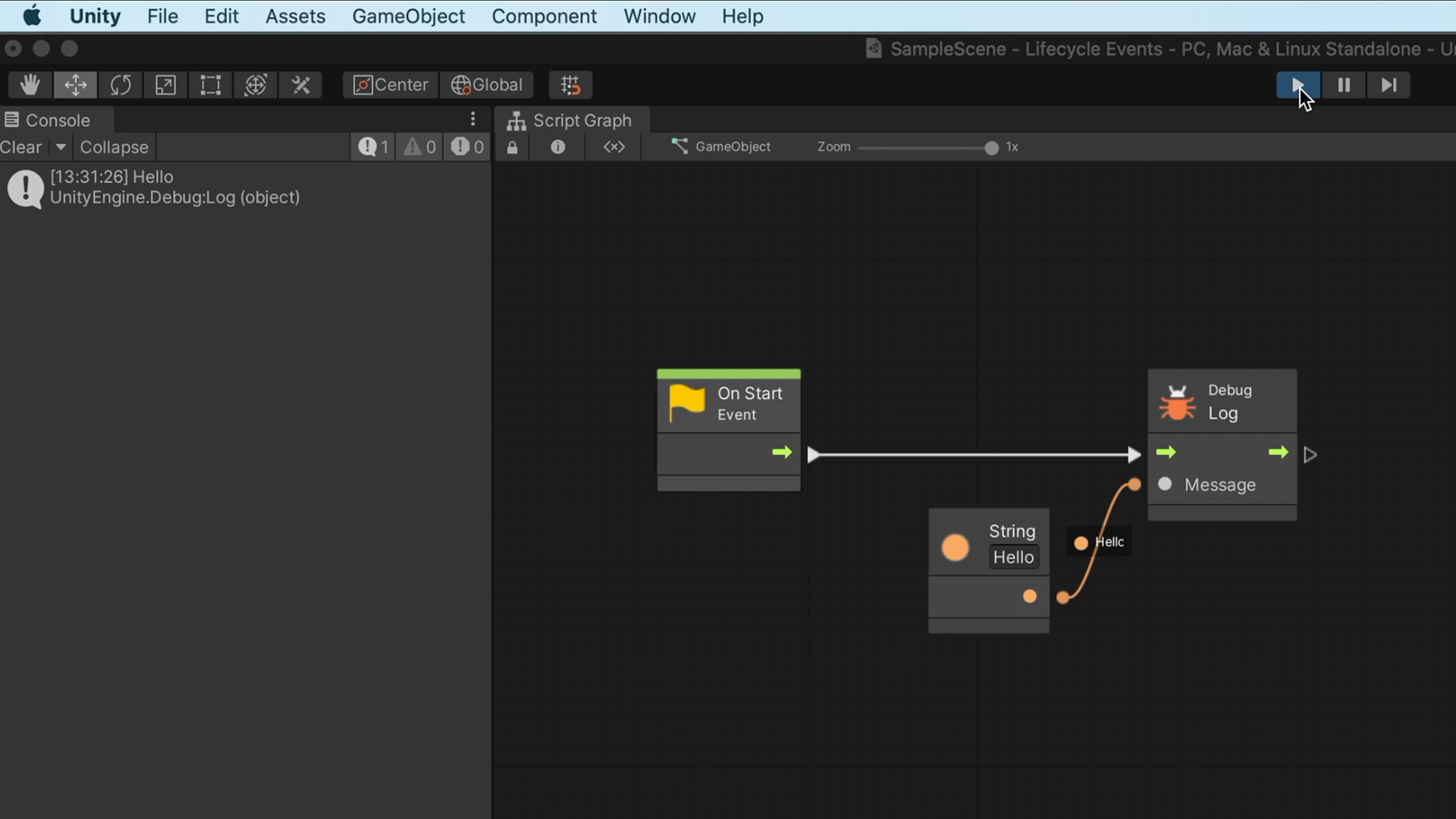 Unity Visual Scripting – On Start node