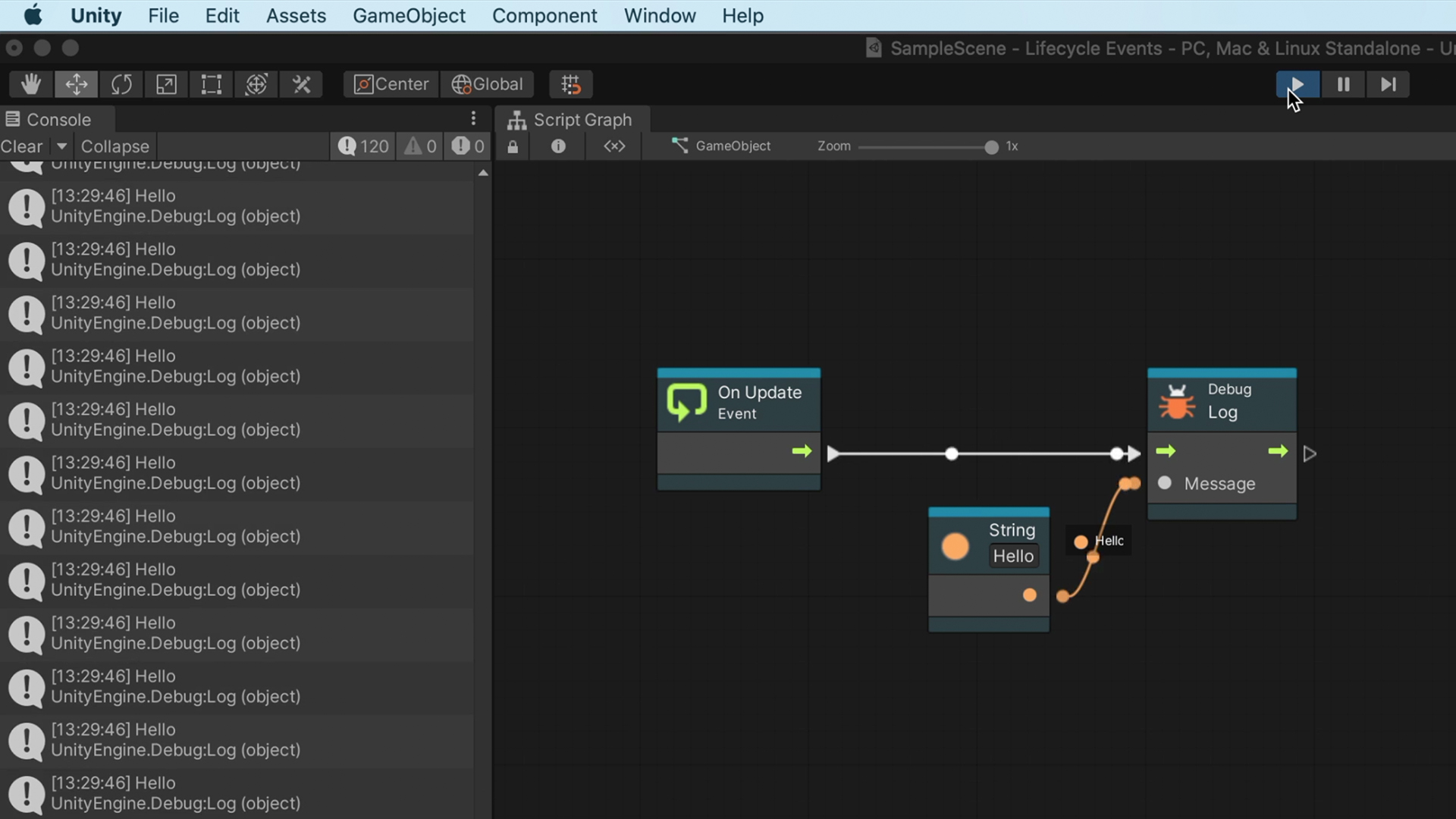 Unity Visual Scripting – On Update node