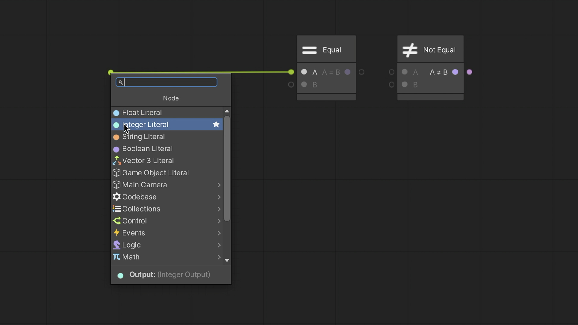 Unity Visual Scripting – Equal and Not Equal nodes